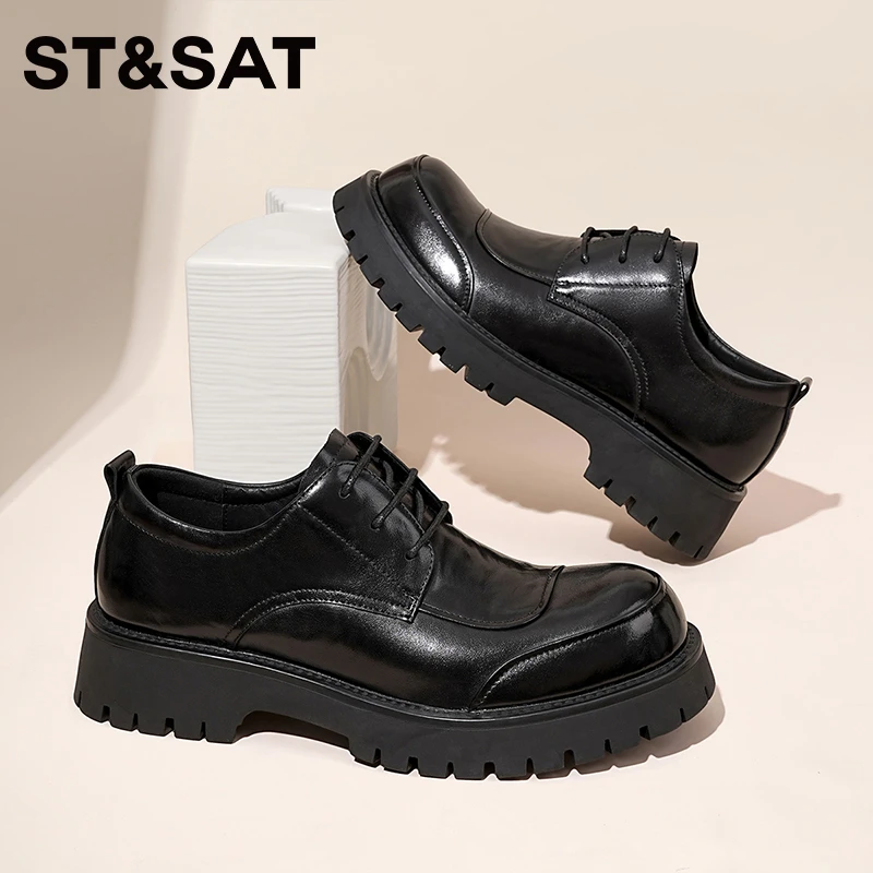 星期六2025秋季男士厚底德比鞋商务正装系带时尚皮鞋增高休闲男鞋