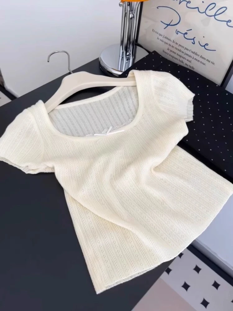 纯欲短袖蕾丝t恤2025女夏季新款爆款正肩显瘦美式针织短款上衣