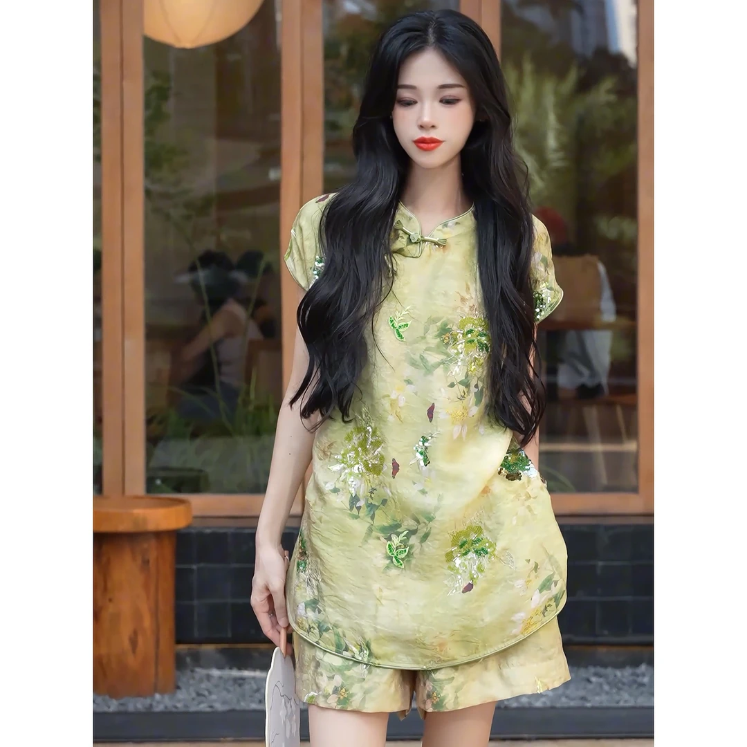 秋千去 时尚套装夏中国风欧若精灵风痞帅古风老钱风绿色夏季中式