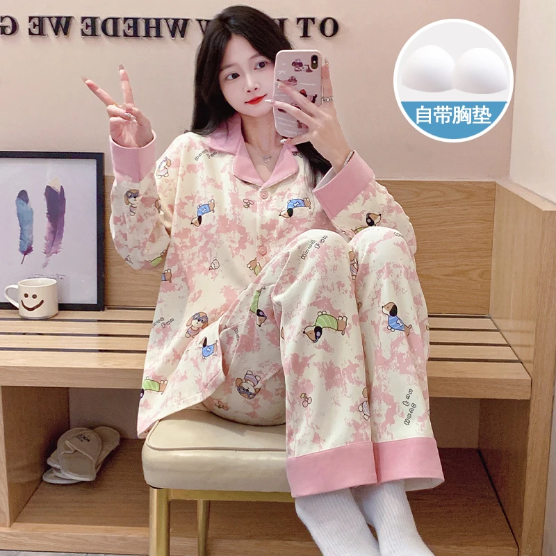 睡衣女春秋款2025年新款带胸垫高级感秋冬季长袖可外穿家居服套装