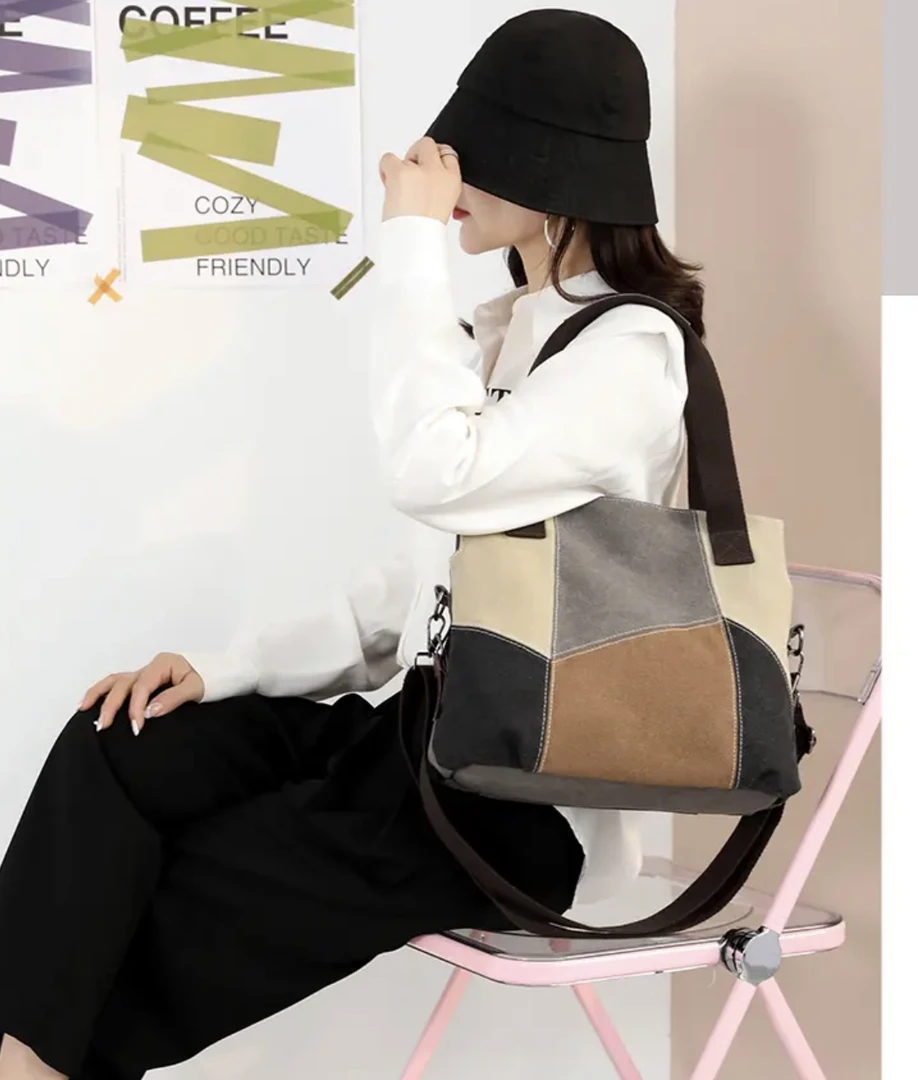 特价捡漏结实撞色拼接大容量帆布包女士单肩包斜挎包手提大布包