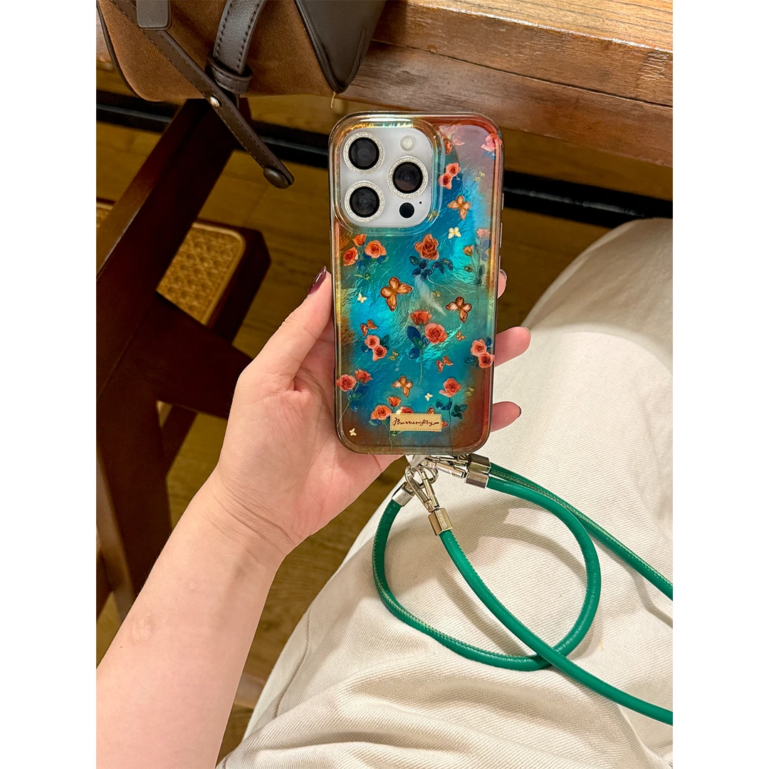 适用苹果16手机壳iPhone15/14promax琥珀色蝴蝶花朵手机保护套