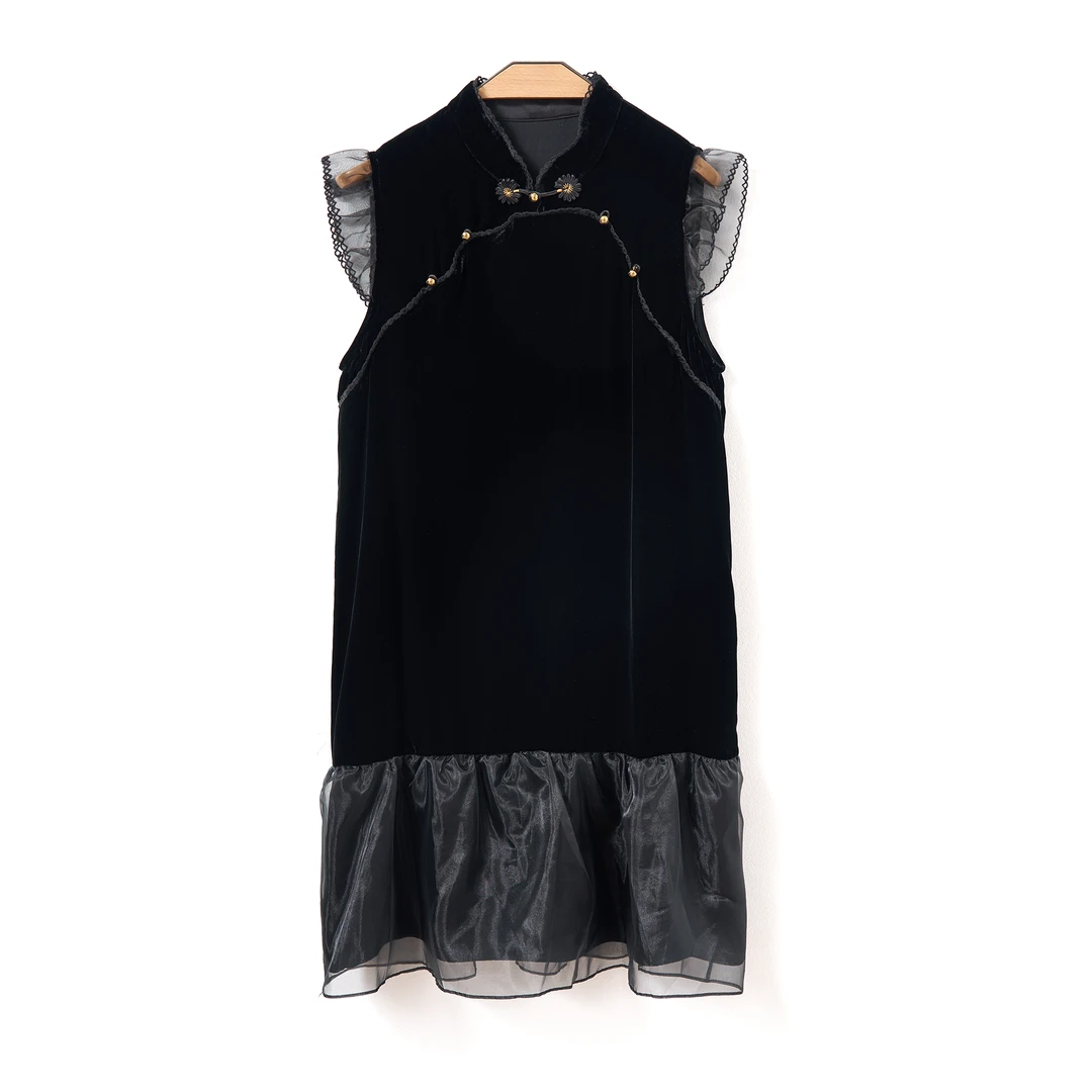 『立子·STUDIO 』小说女主夏季新款优雅桑蚕丝丝绒拼接欧根纱连衣裙