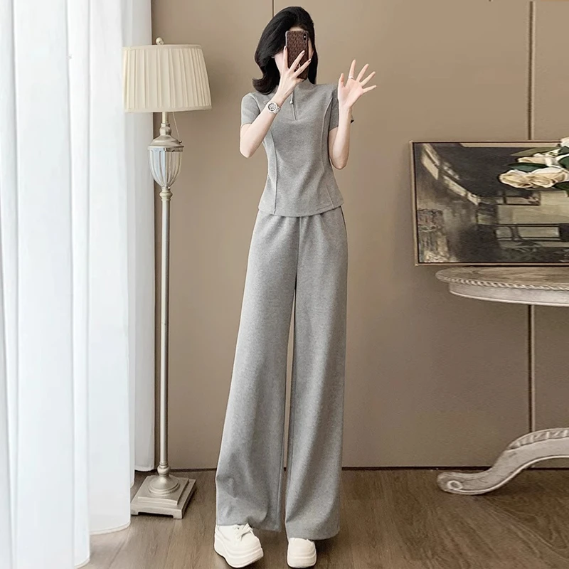 慵懒风韩系休闲套装女2025年夏季新款收腰显瘦上衣阔腿裤两件套潮