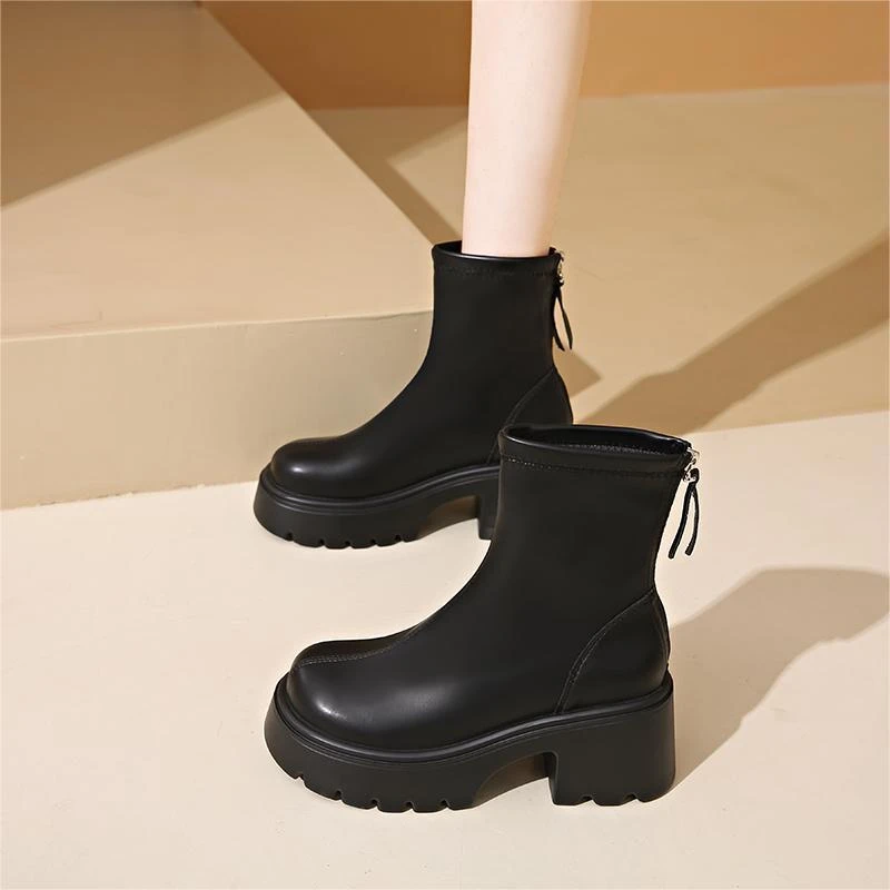 棕色美拉德短靴女款2025秋冬新款复古时尚英伦风厚底粗高跟马丁靴