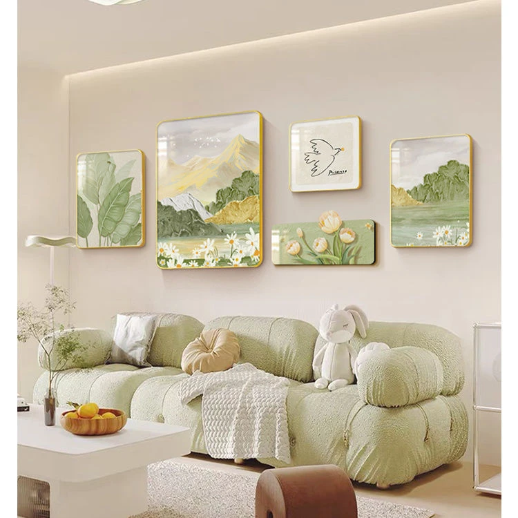 奶油风客厅沙发背景装饰山水画客厅挂画花卉肌理五联现代简约745