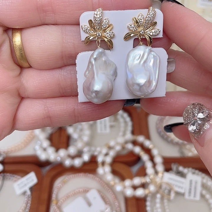 耳饰淡水珍珠合金椰子树配件白巴耳钉银针