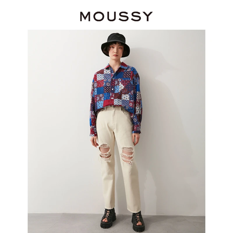 moussy 2022秋冬新品复古高腰水洗破洞直筒牛仔裤女C28FAK11-0030