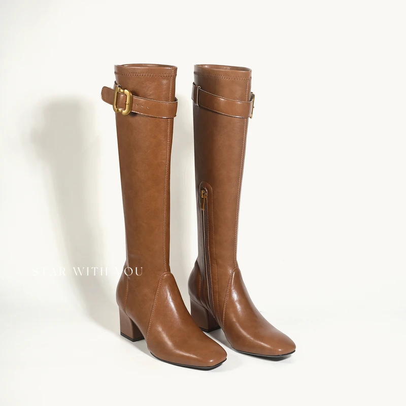 【Lemon】小众款英伦风气质复古方头皮带扣做旧长靴6cm