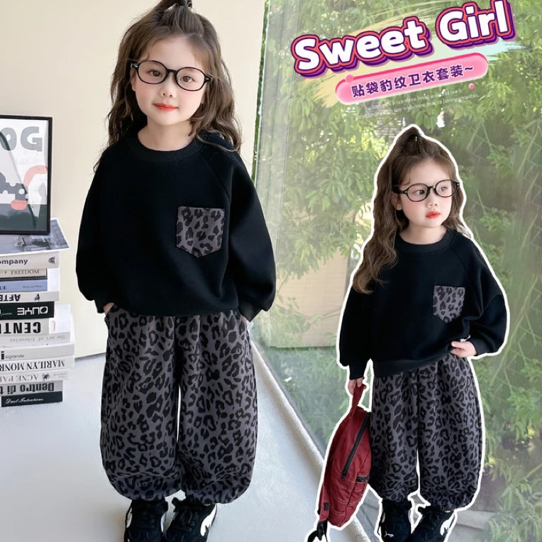 女童套装秋季新款休闲韩版贴袋豹纹套装90-140（价格已开）