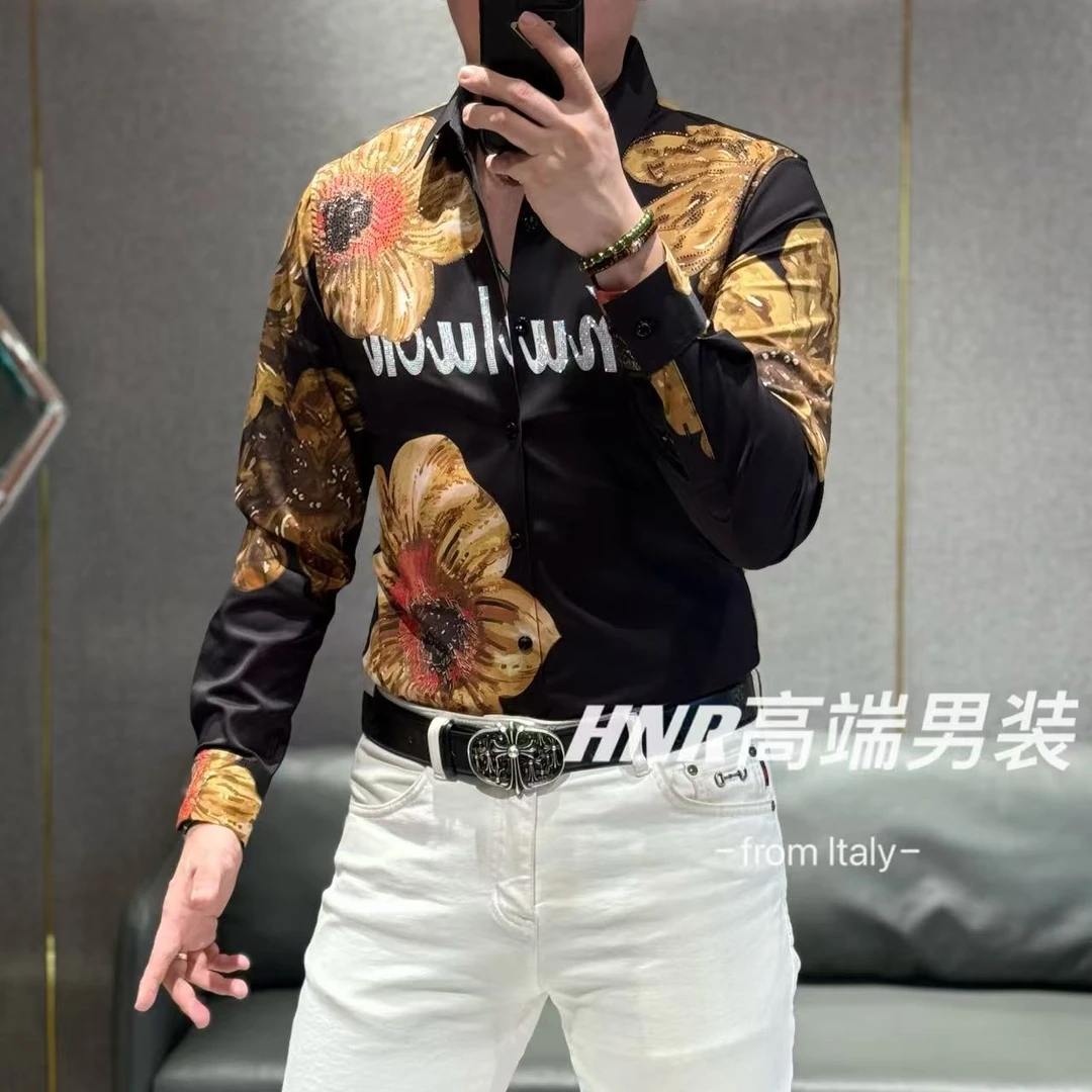 微弹力炫彩大花奥钻点缀高端男士春款长袖衬衫82536
