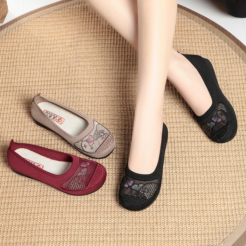 平底透气飞织妈妈鞋民族风薄款夏季奶奶鞋浅口舒适女鞋老北京布鞋