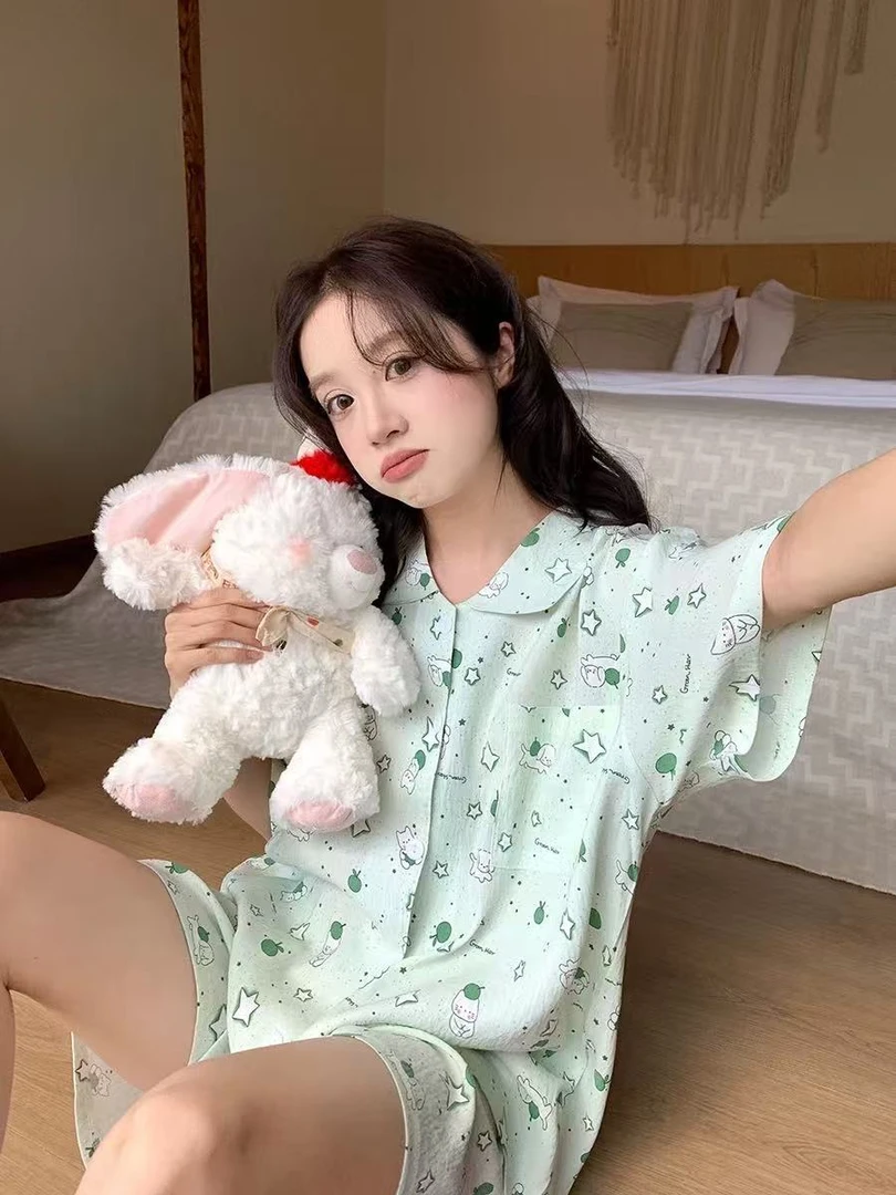 甜美趣味卡通小狗印花睡衣夏季新少女两件套透气大码家居服可外穿