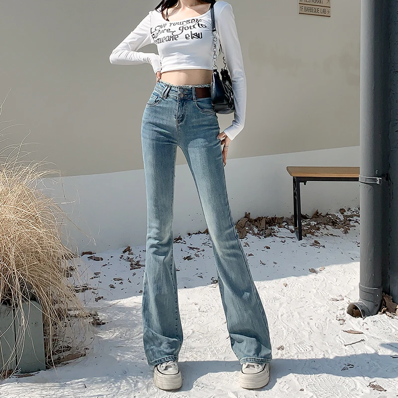 高腰微喇牛仔裤女2025春秋新款修身显瘦小个子百搭弹力喇叭裤长裤