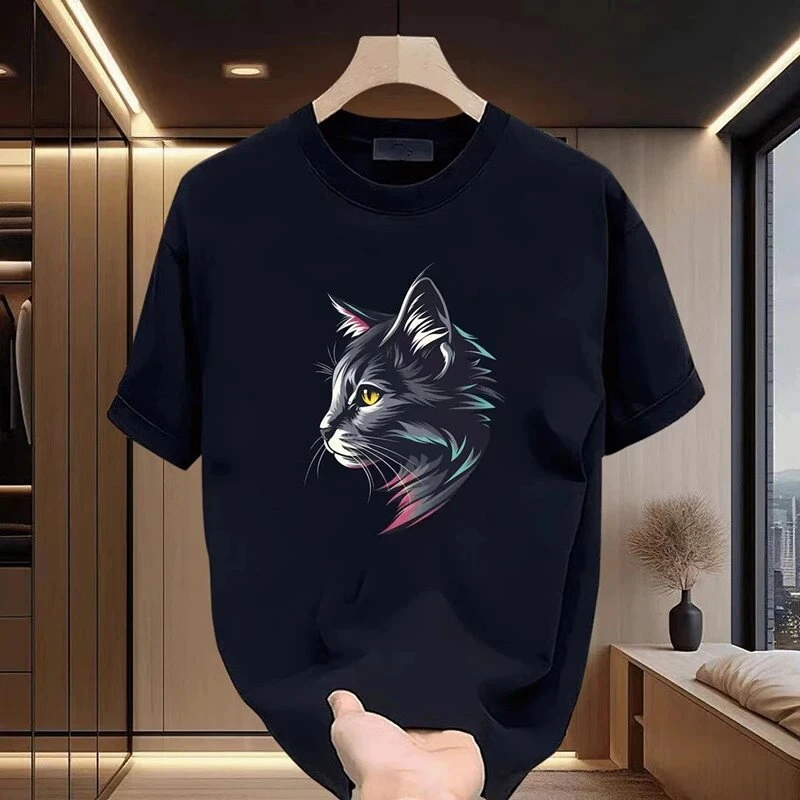 仓石一树潮牌高端黑色纯棉短袖t恤男士夏季痞帅猫头宽松休闲半袖