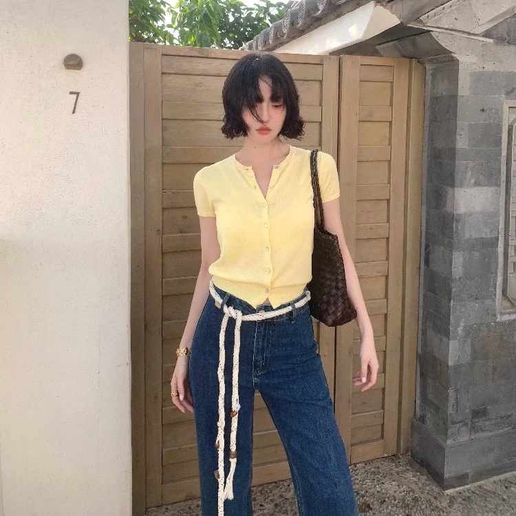 酒午自制【清语】法式复古夏季短袖针织开衫短款上衣KLF4118