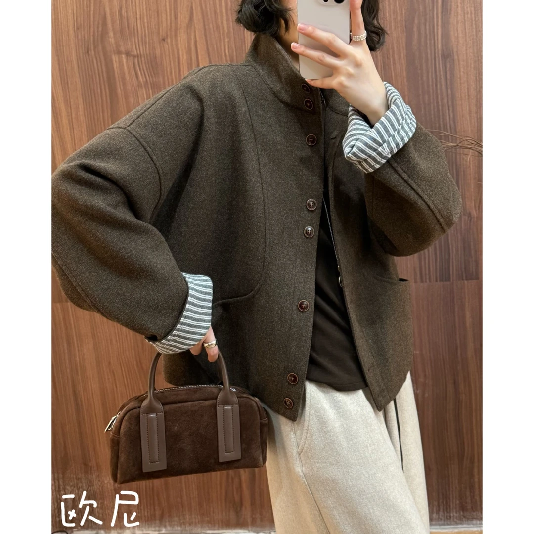 欧尼私服 2025秋季新款单排扣立领长袖毛呢拼接格子外套2509C6229