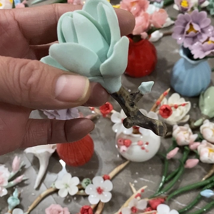 瓷片纯手工陶瓷花摆件瑕