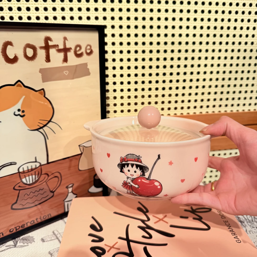 樱桃小丸子奶油风格粉陶瓷防烫设家用泡面碗