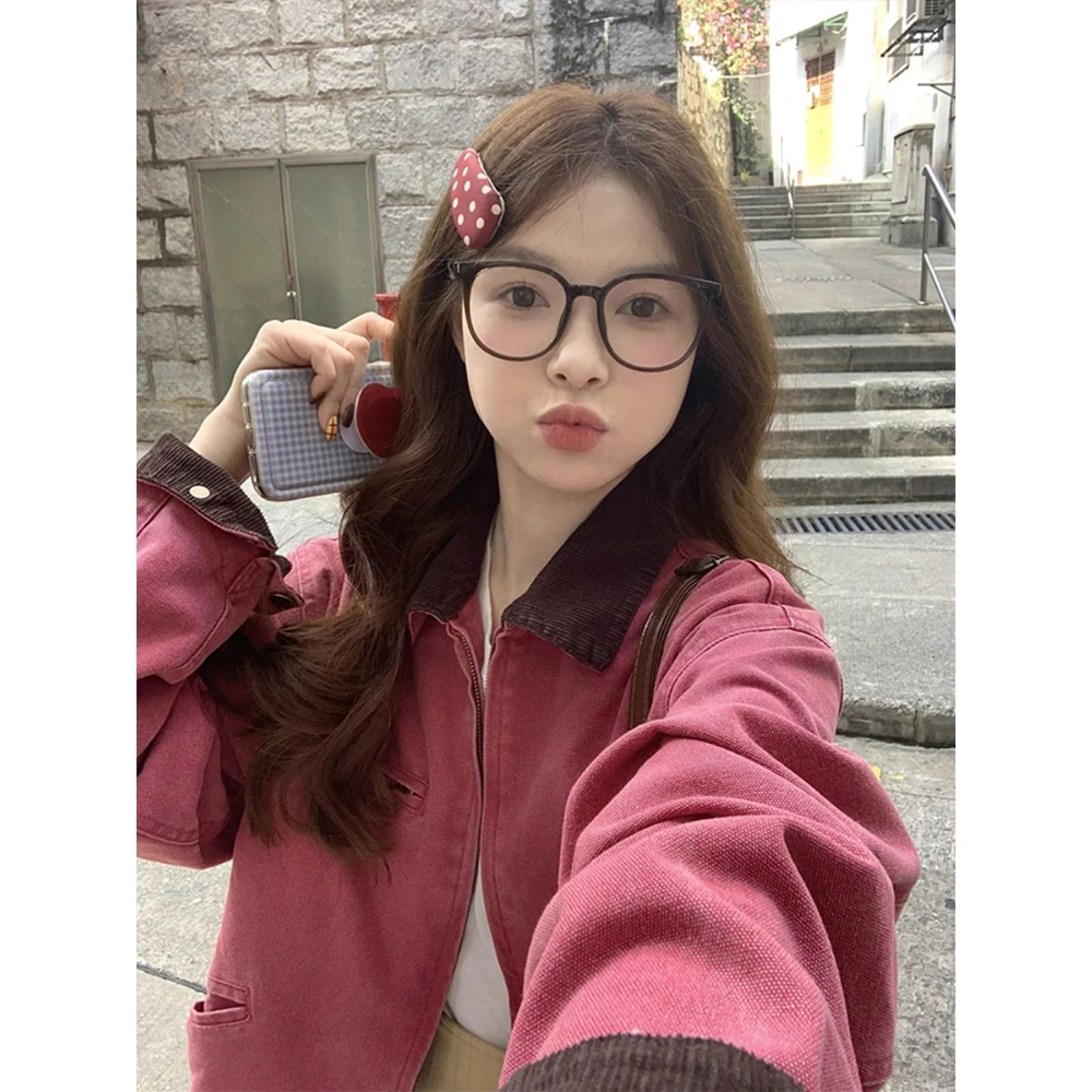 韩系粉色长袖翻领牛仔外套女装2025春季新款宽松休闲百搭夹克上衣