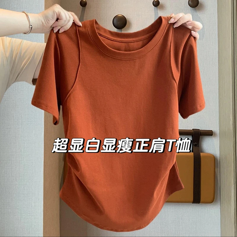 大码韩系正肩纯色鱼骨线设计夏季百搭遮肉收腰显瘦短袖t恤女上衣