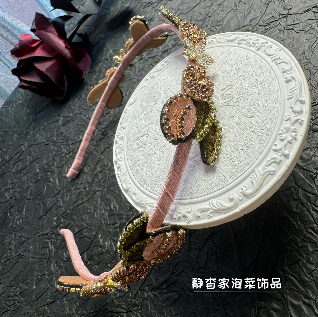 静杳家韩国进口粉色花朵绿叶款刺绣复古发箍