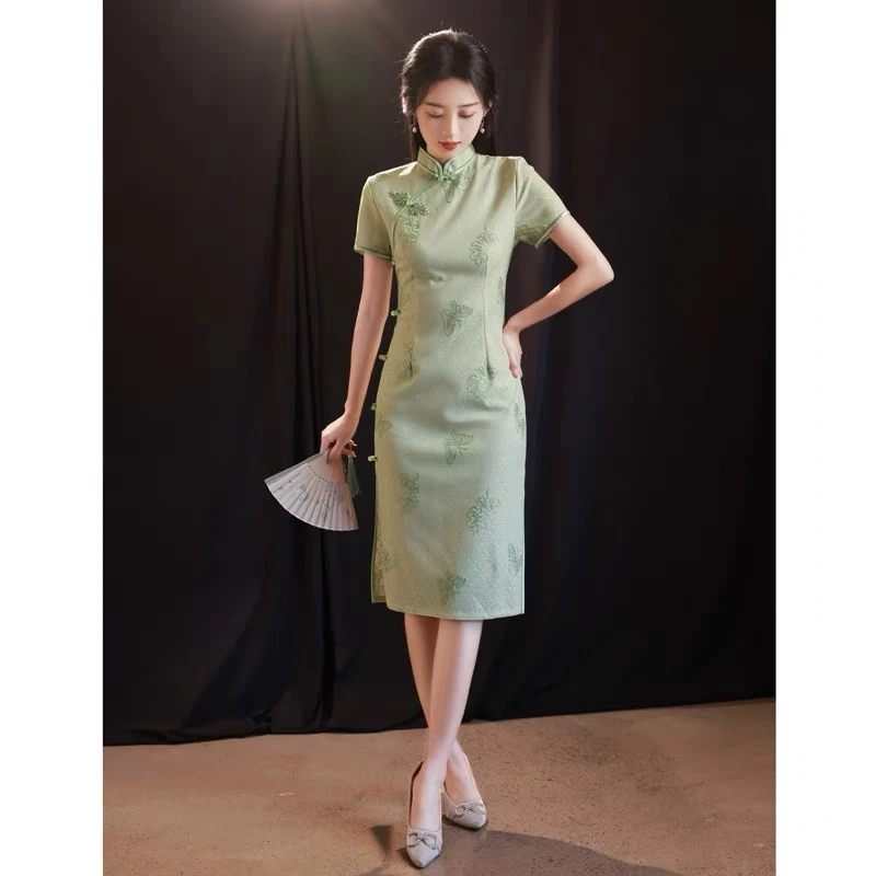 旗袍小个子绿色夏季复古中国风日常修身显瘦优雅气质中式改良短款