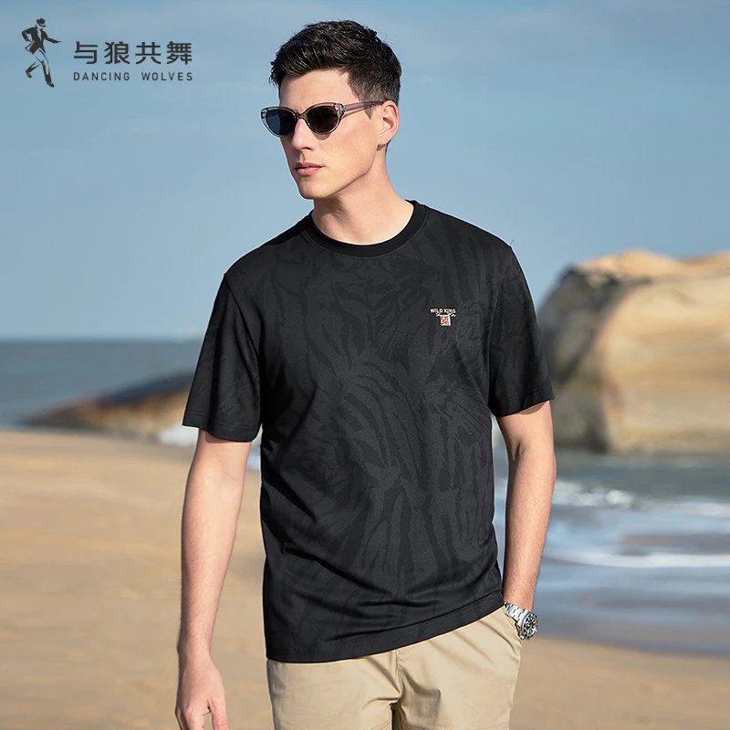 【7A抗菌 桑蚕丝】与狼共舞25夏季时尚满印弹力莫代尔短袖T恤男百搭