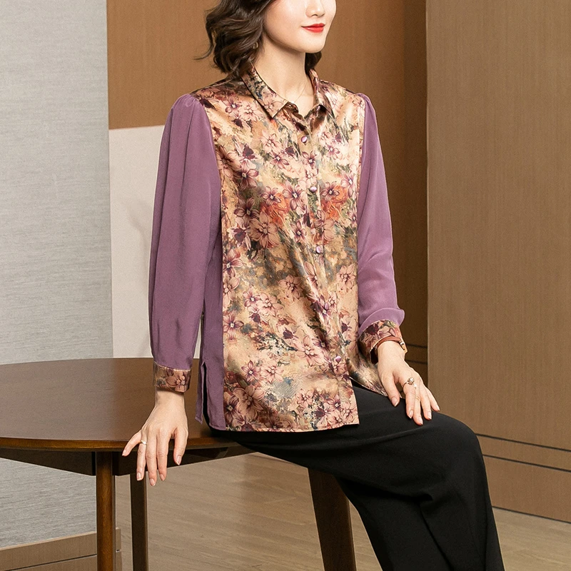 欧若风2025春秋新款衬衫女长袖复古紫色拼接气质翻领大码碎花上衣