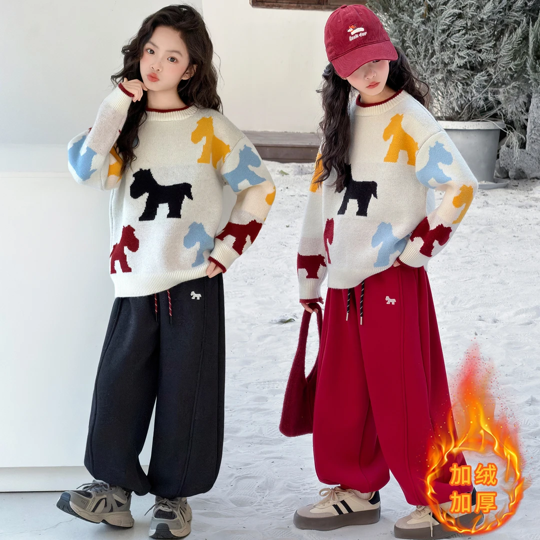 女童冬装套装2025新款女大童洋气马年毛衣儿童装加绒休闲裤拜年服