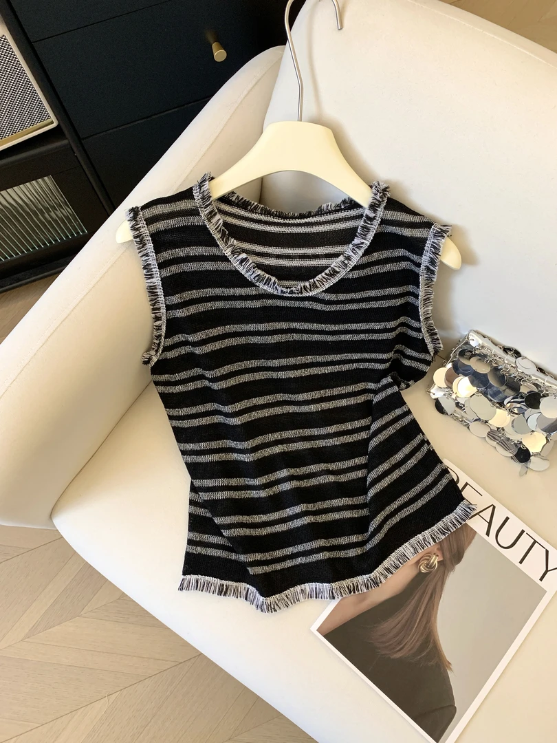 韩系撞色毛边条纹无袖针织背心女夏季流苏小众气质百搭小衫上衣