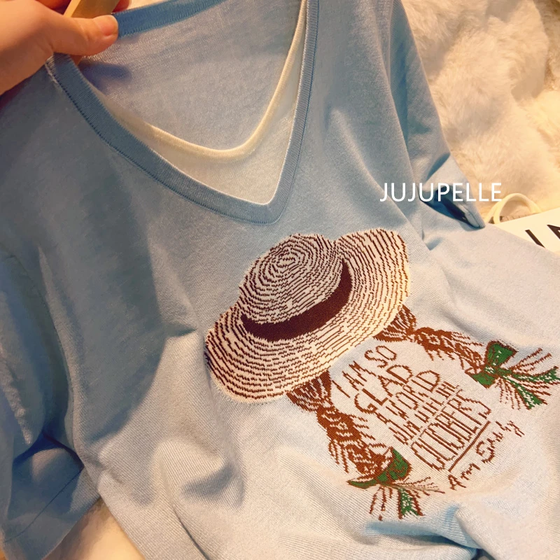 草帽麻花假两件小v领2025夏季新款韩版宽松针织衫毛衣T恤短袖女士