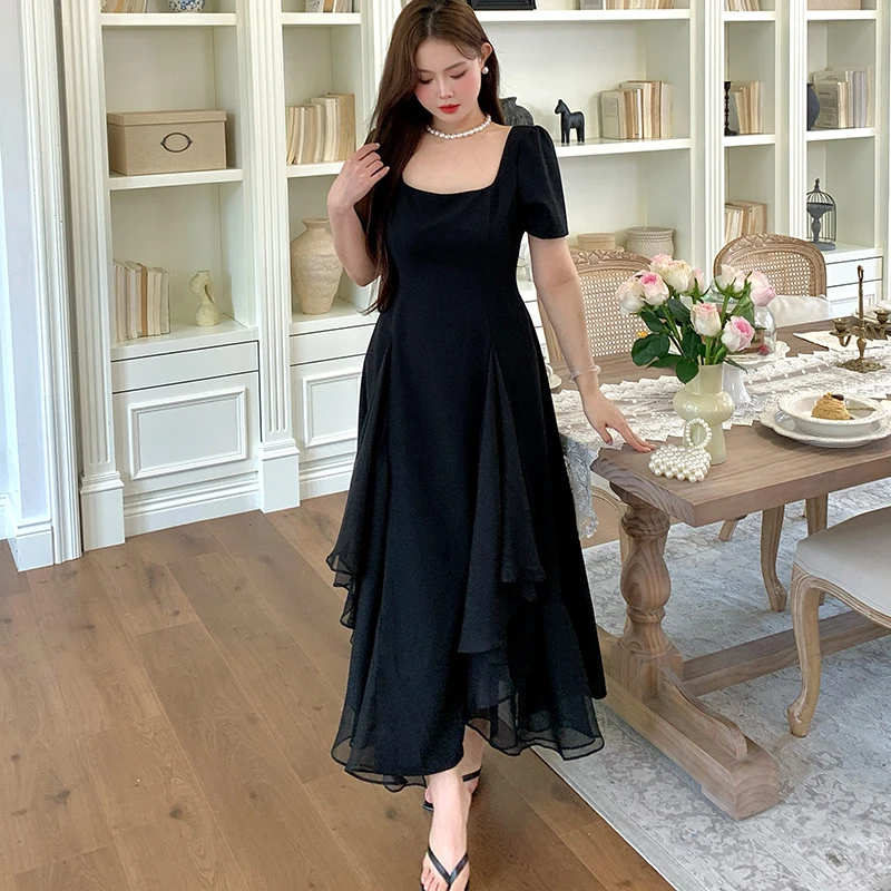 仟艺【仙影优雅】码女装高级感胖mm不规则网纱赫本风显瘦方领连衣裙