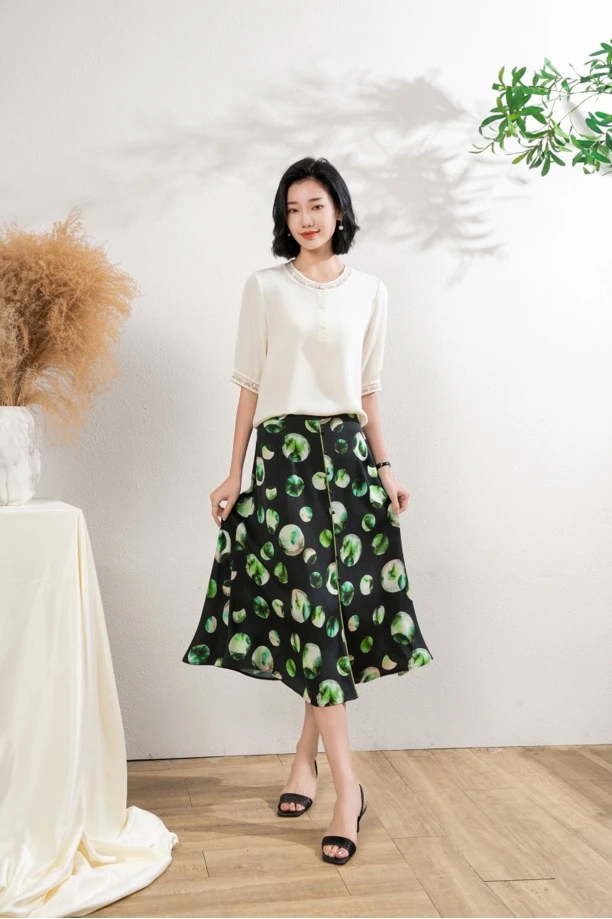 92桑蚕丝梭织双乔半裙A字裙印花舒适透气 长度75