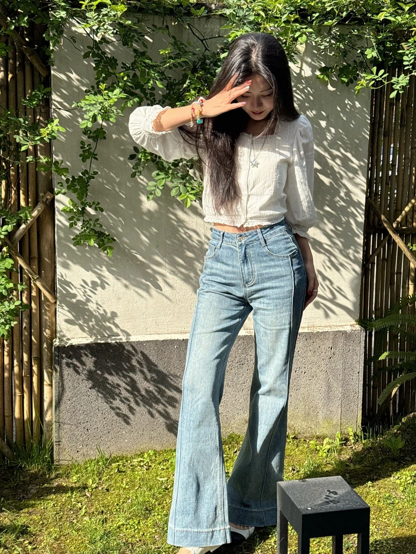 2025春夏新品女装牛仔裤时尚百搭高腰阔腿桶喇叭裤