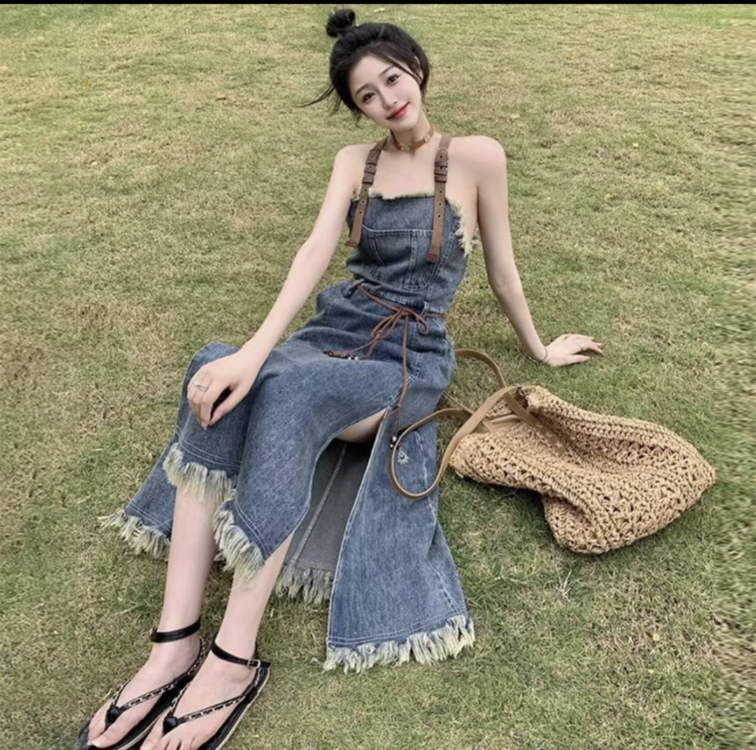 韩系复古减龄牛仔背带裤女2025春夏季宽松直筒简约百搭休闲阔腿裤