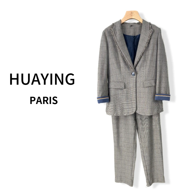 【花楹】设计师款时尚修身格子西装商务套装C128