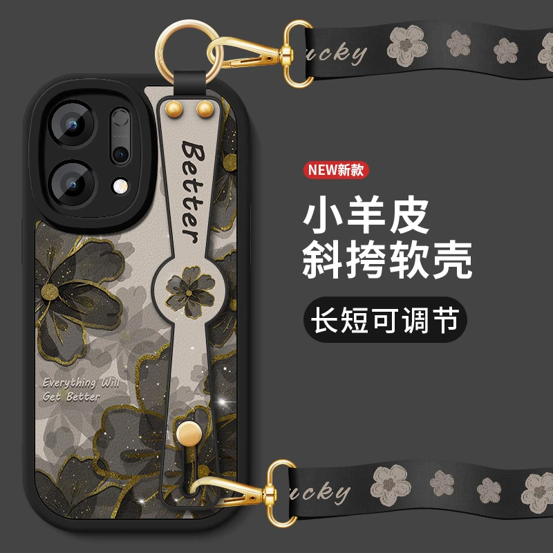 适用opporeno14手机壳reno14pro新款女斜跨腕带挂绳支架黑色金花