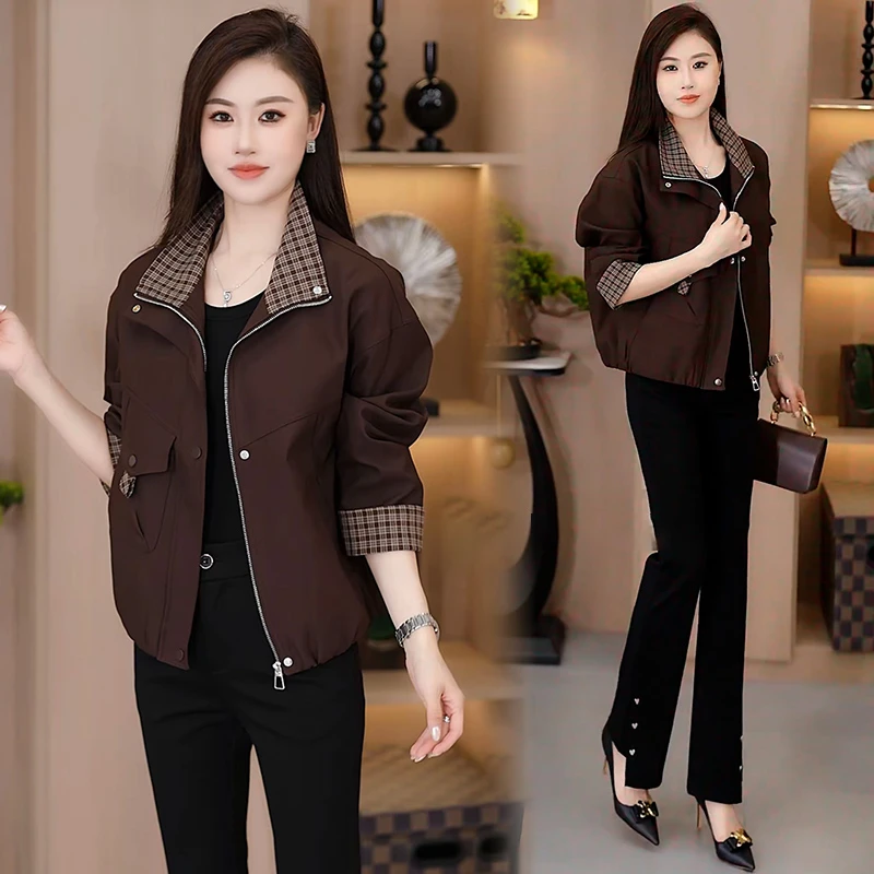 时尚短外套女2025秋季新款宽松显瘦小个子格子领拼接百搭夹克上衣