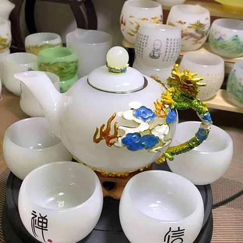 羊脂玉瓷琉璃中式珐琅彩龙腾盛世一壶六杯礼盒套装