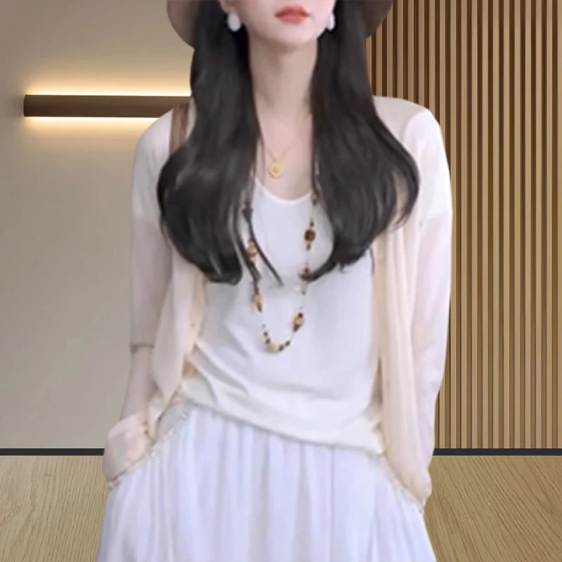 冰丝开衫夏季轻薄外搭长袖针织开衫经典百搭休闲短上衣女夏季新款