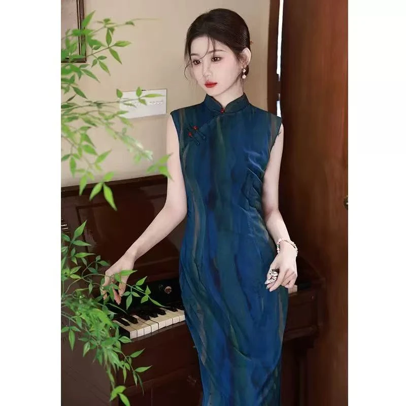 QYG忆阁新中式国风旗袍夏季无袖新款蓝色改良油画文艺复古年轻款