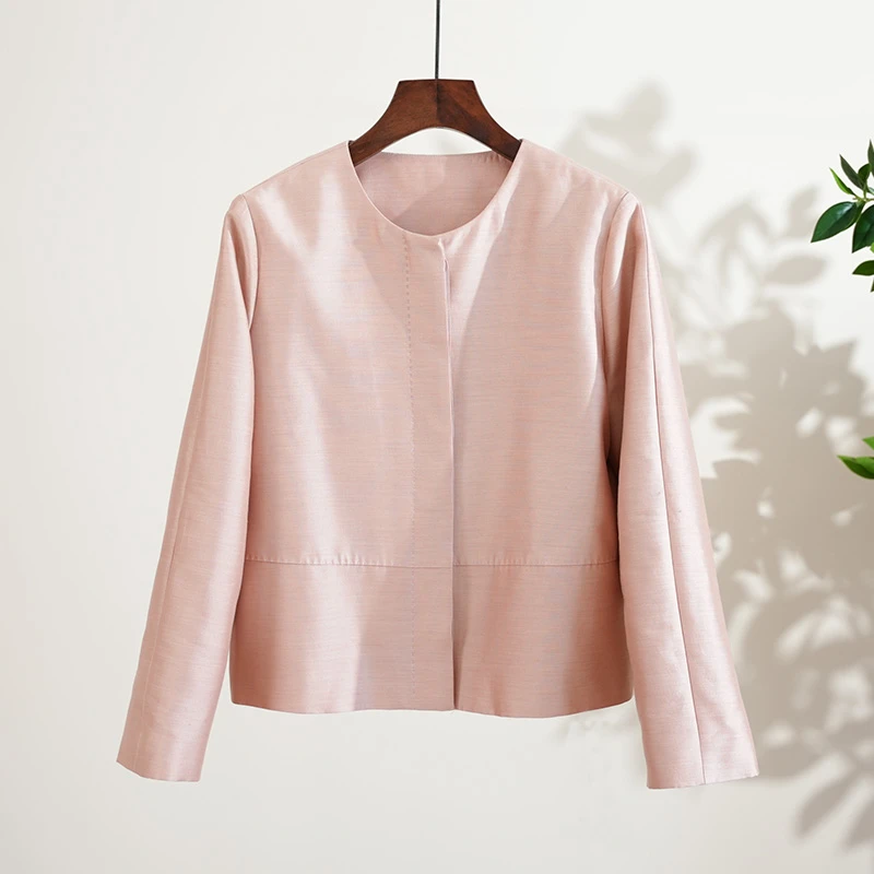 【奈斯专属】意大利伽D36姆米气质丝毛小宽松纯色无领外套（241138）