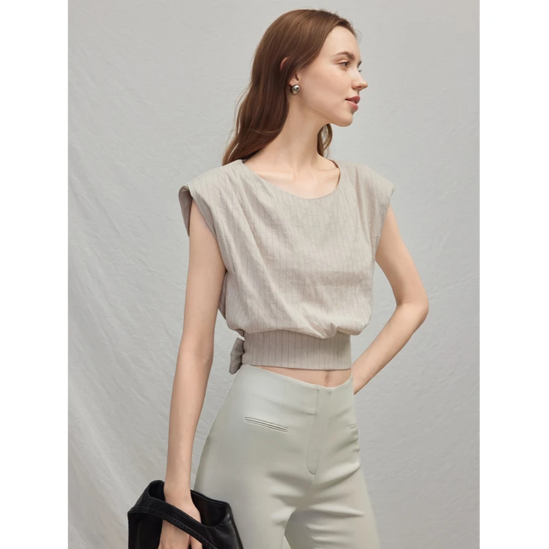 Mix Selection｜麻理衫 圆领无袖设计感绑带条纹短袖上衣MSBJY0555
