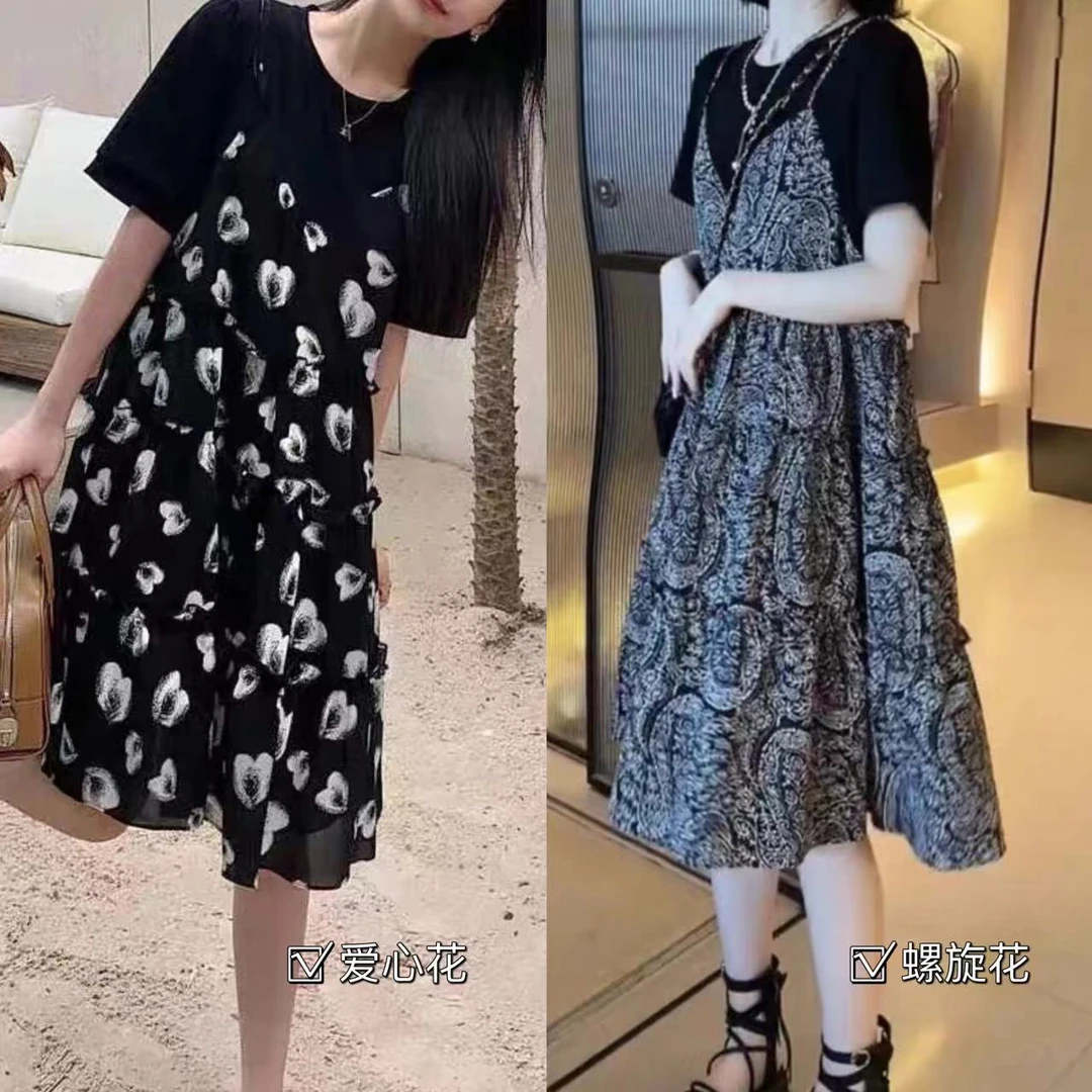 薇莎8706【现货】80-150斤娃娃款拼接假二件碎花连衣裙