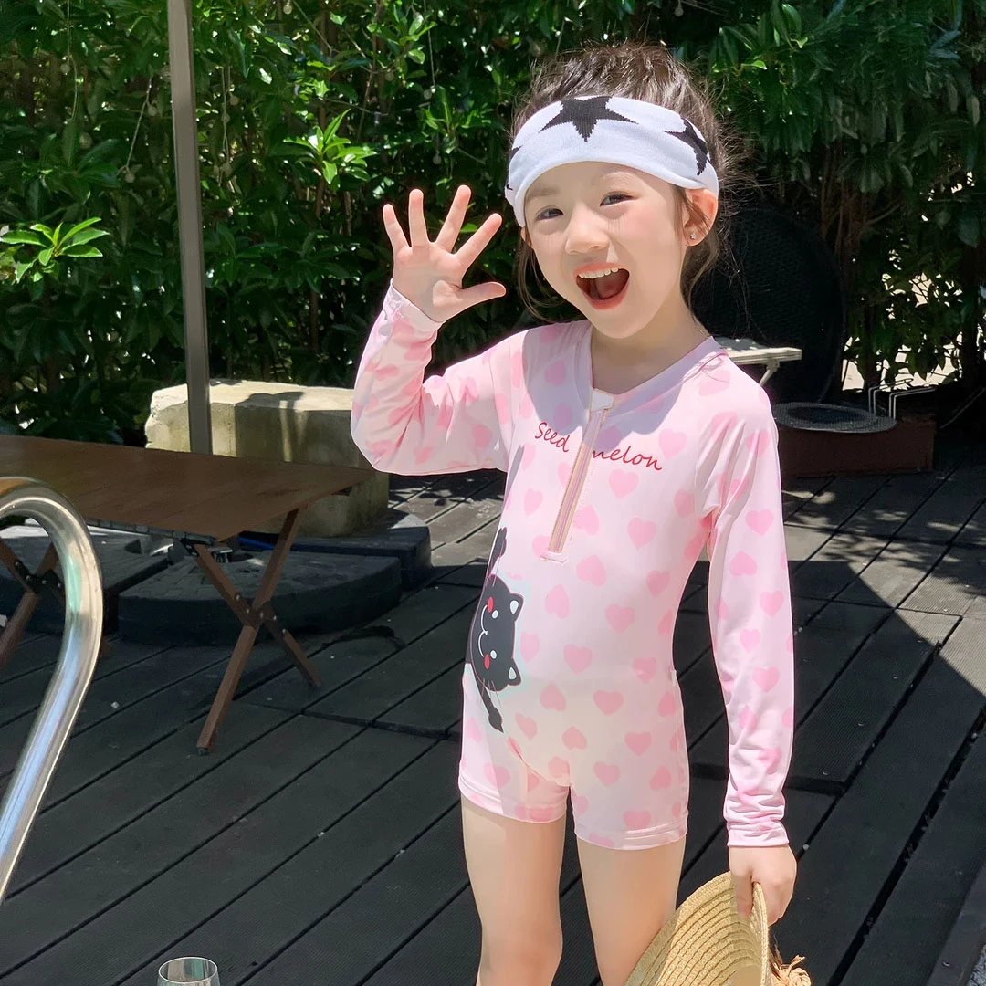 速干防晒女童泳装女宝宝夏季连体游泳衣夏季沙滩防走光平角泳衣潮