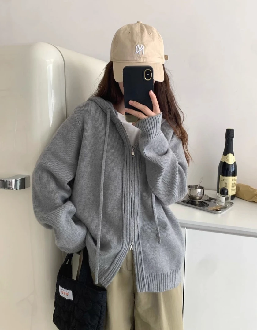 JUYOU-秋冬春连帽双拉链毛衣外套女宽松外穿慵懒风加厚卫衣开衫
