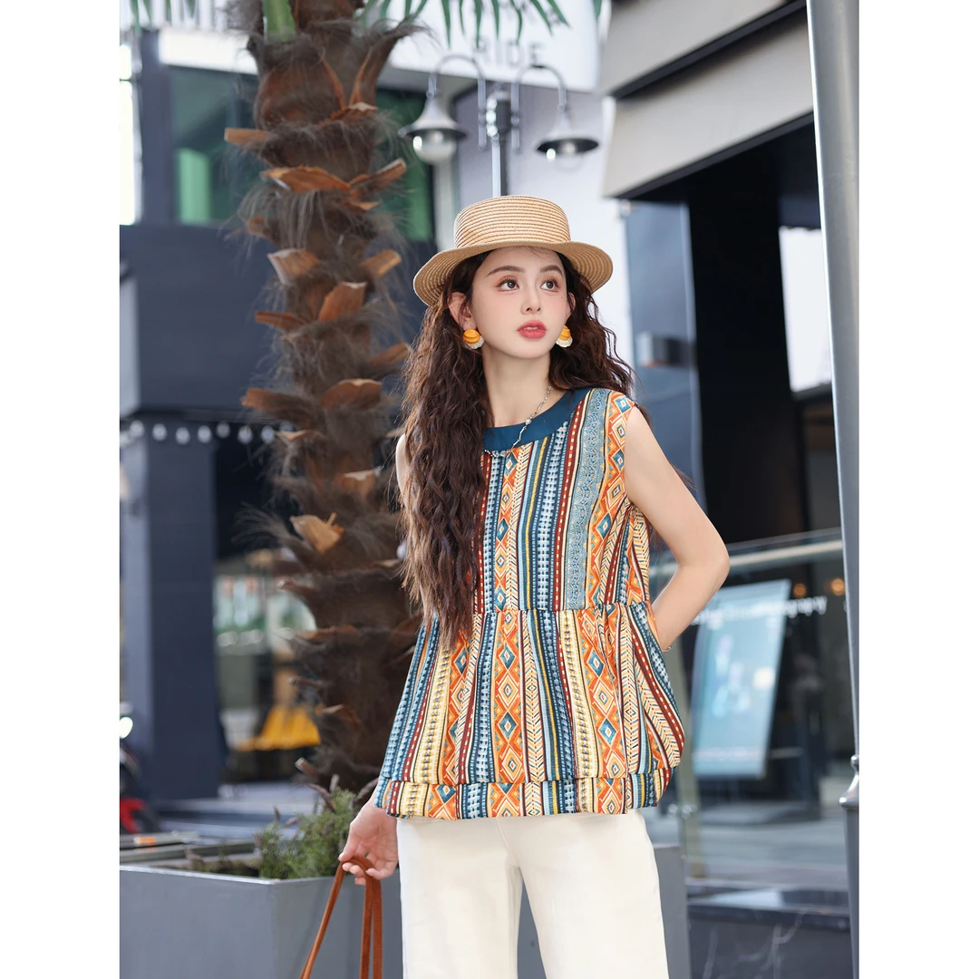 陈大器【原野彩景】港风复古背心条纹拼接夏季收腰衬衫JP1665165