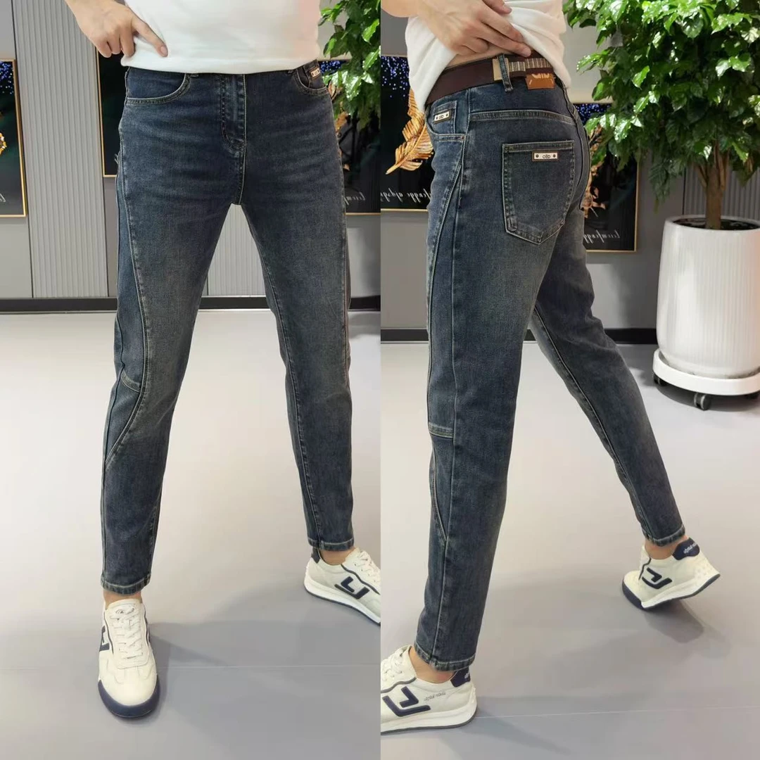 长裤秋季新款美式高街牛仔裤男弹力百搭长裤自带腰带潮流男士裤子