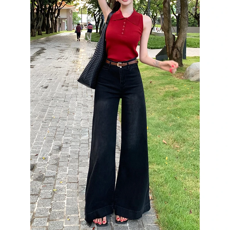 黑灰大裤脚垂感阔腿牛仔裤女2025秋季高腰不贴腿显瘦显腿长拖地裤